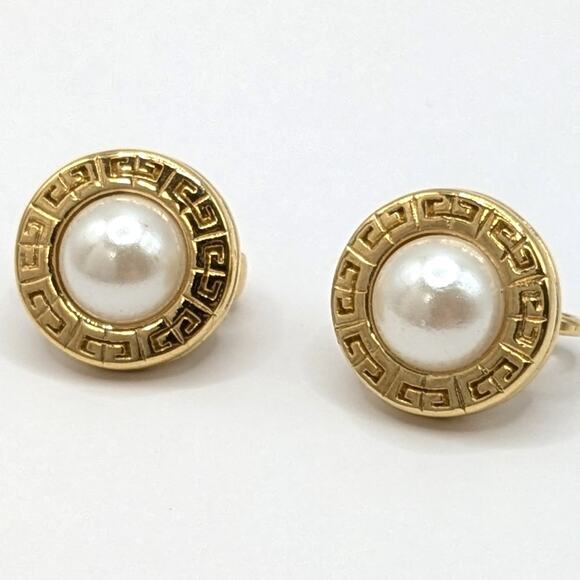 Vintage Givenchy Gold Tone Cabochon Faux Pearl Logo Round Clip On Earrings .5in - Picture 2 of 6